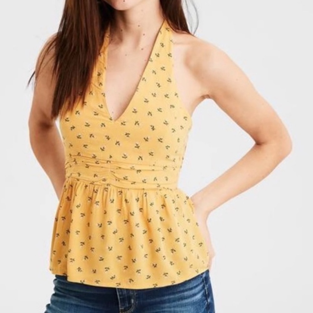 American Eagle Yellow Floral Halter Smocked Peplum Sleeveless Top Size XL